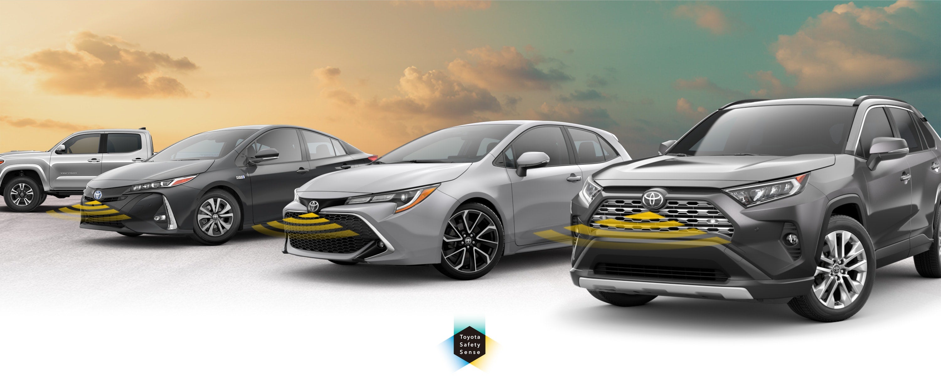 Toyota Safety Sense: Designed for Safety. Options shown on Toyota models including RAV4, Tacoma, and Camry, available now at Panama City Toyota in Panama City FL.